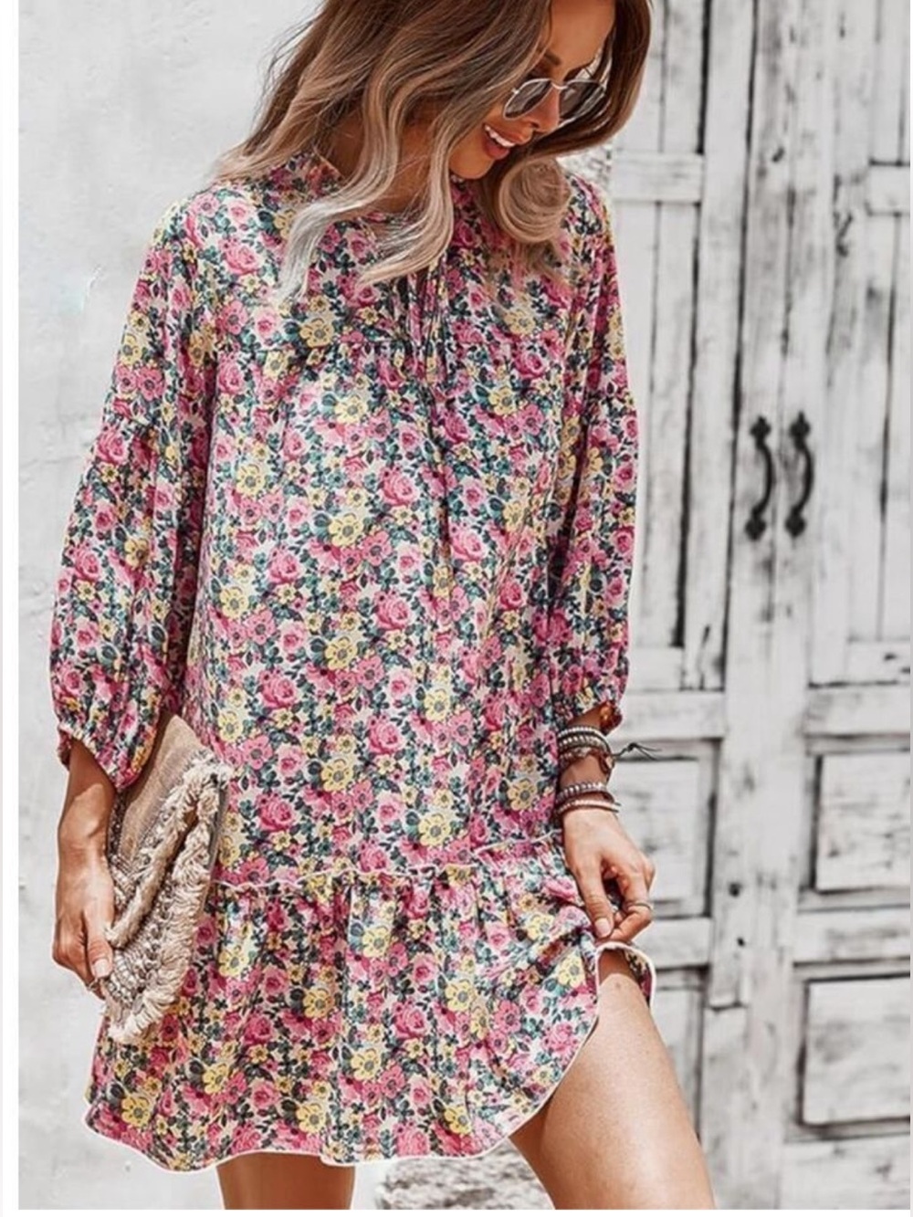 KIRUNDO Long Sleeve Tunic Ruffle Floral Print Boho Mini Swing Dress Sz Small